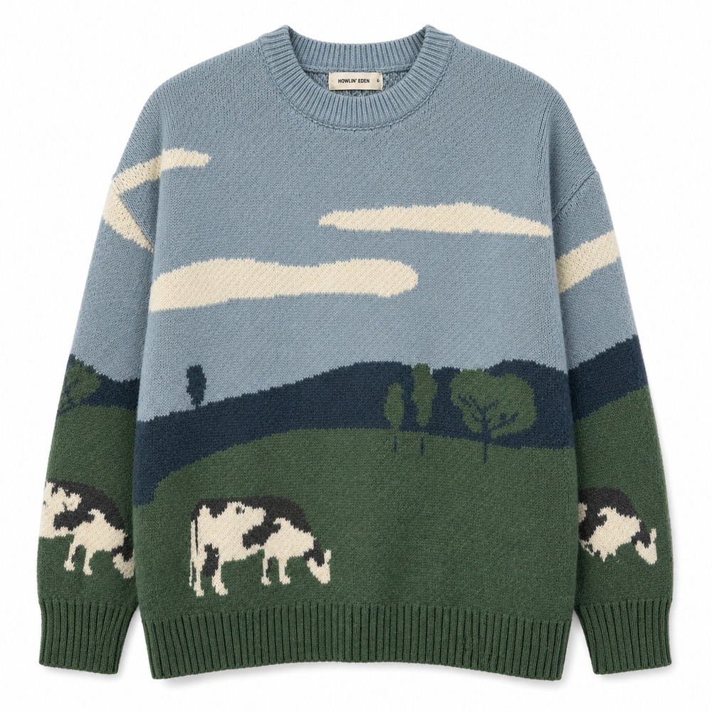 Aelfric Eden Cow Pasture Knitted Sweater Size Medium Blue Green NWT Oversized